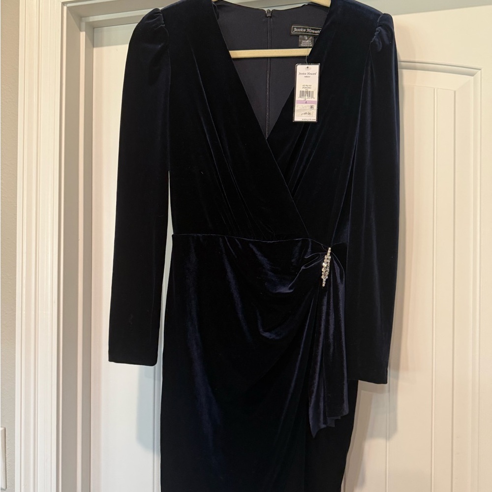 Jessica Howard Navy Velvet Long Sleeve Dress